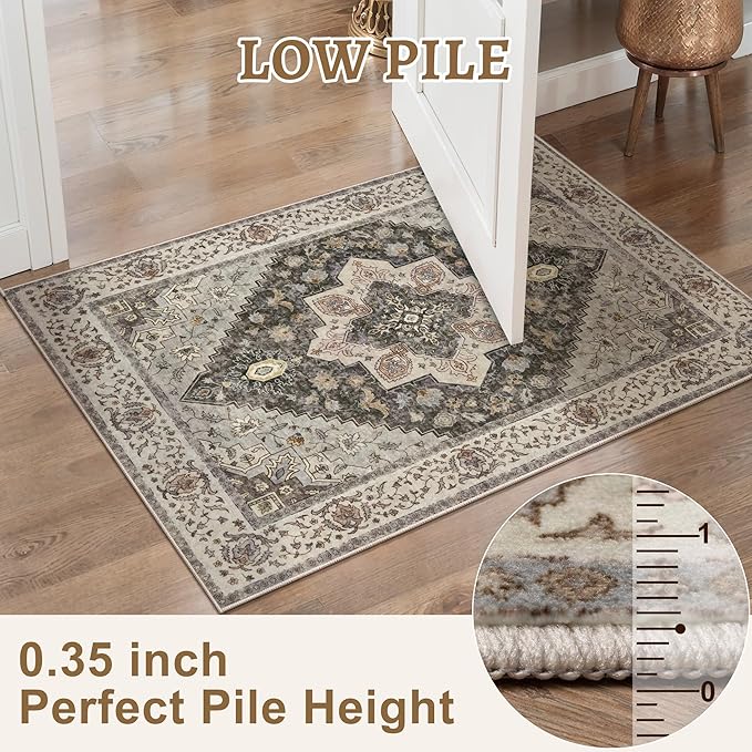 Tangsoo 2x10 Washable Runner Rug for Hallways, Non Slip Vintage Runner Rug, Soft Low Pile Long Runner, Print Distressed Grey Carpet Runners for Kitchen Bedroom Entryway Bathroom Living Room
