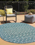 Unique Loom Outdoor Trellis Collection Area Rug - Tribal Trellis (7' 10" x 10' Oval, Teal/ Ivory)