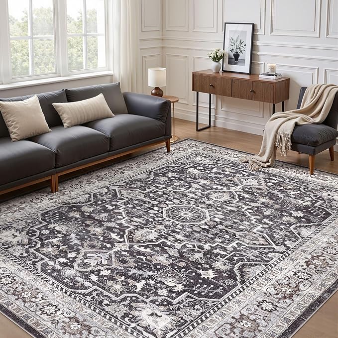 Black Rug Living Room Rugs: 10x14 Washable Boho Large Vintage Moody Soft Distressed Oriental Stain Resistant Non-Slip Indoor Floor Carpet for Bedroom Playroom Office Dining Room Retro Home House