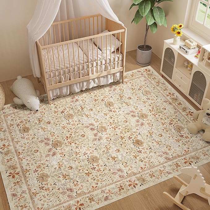 DUKINO 8x10 Area Rugs for Living Room, Vintage Floral Washable Rug with Non Slip Backing, Soft Low Pile & Non-Shedding Large Carpets for Bedroom, Farmhouse, Dining Room, Home Office, Beige