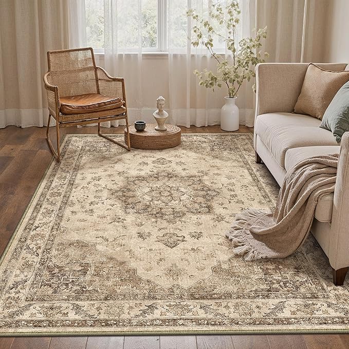 Brown Area Rug 5x7 Washable Vintage Carpet for Living Room Office Soft Retro Low Pile Thin Indoor Rug Non Slip Oriental Medallion Floor Cover for Bedroom Dining Room