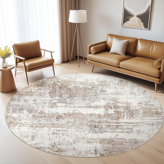 Round Rug Living Room Rugs: 4x4 Washable Circle Abstract Modern Soft Stain Resistant Non-Slip Indoor Floor Carpet for Bedroom Entryway Nursery Office Dorm Home House Decor- Brown