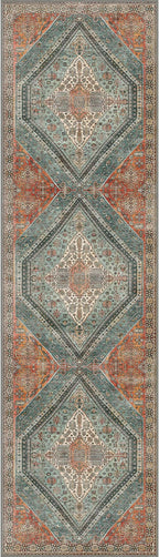Bavni Runner Rug 2x12 Kitchen Rugs for Hallways Entryway, Washable Vintage Print Carpet, Ultra-Thin Chenille Low Pile Lightweight Rug with Non Slip Backing, Light Red/Blue