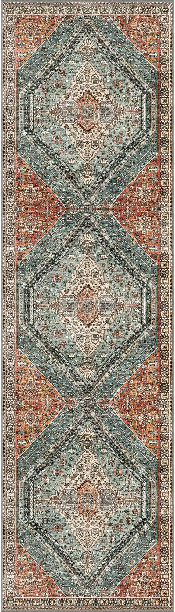 Bavni Runner Rug 2x12 Kitchen Rugs for Hallways Entryway, Washable Vintage Print Carpet, Ultra-Thin Chenille Low Pile Lightweight Rug with Non Slip Backing, Light Red/Blue