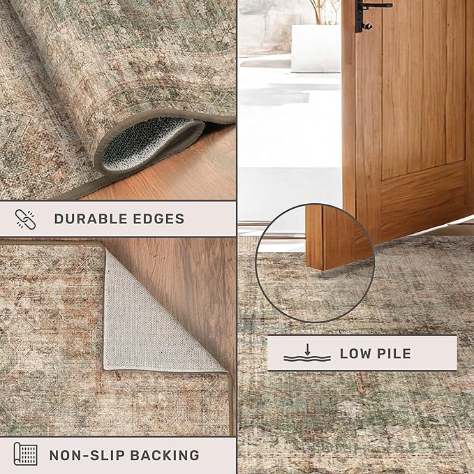 Vintage Dark 6x9 Living Room Rug - Green and Brown Modern Abstract Rug for Dining Room Under Table, Bedroom, Washable Non Slip Soft Rust Taupe Faded Print Mat