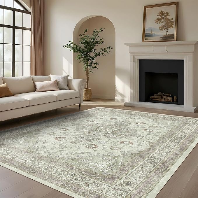 vivorug 8x10 Area Rugs for Living Room, Non-Slip Backing Washable Rug 8x10, Sage Green Large Area Rug Soft Carpet for Bedroom Dining Room, Vintage, Easy Clean, Durable, Low Pile Rug Under Table