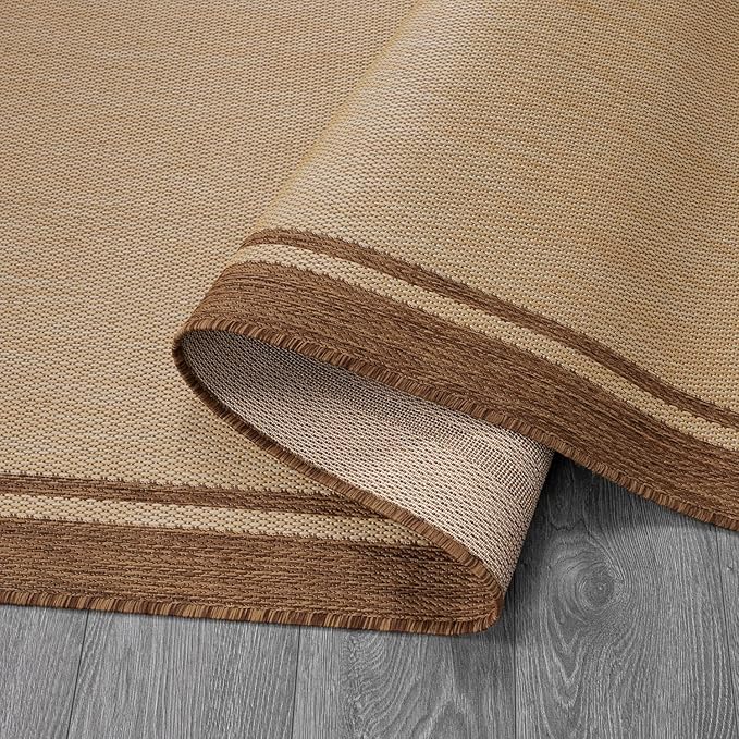 CAMILSON Outdoor Rug 5x7 Bordered Natural Brown Modern Area Rugs for Indoor and Outdoor Patios, Kitchen and Hallway Mats, Washable Porch Deck Outside Carpet (Border Jute, 5 x 7)