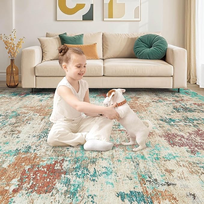 9x12 Christmas Area Rug Living Room Rugs - Washable Neutral Modern Abstract Soft Thin Large Rug Indoor Floor No Slip Rug Carpet for Bedroom Under Dining Table Home Office Decor - Colorful