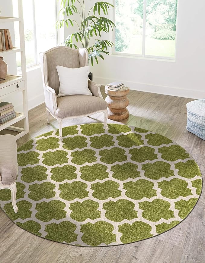 Rugs.com Lattice Collection Rug – 6 Ft Round Light Green Medium-Pile Rug Perfect for Kitchens, Dining Rooms