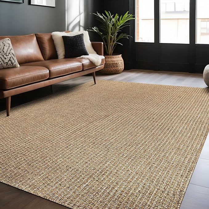 Easy Jute Rugs 9x12 Natural Color Living Room Indoor Outdoor Area Rug for Patio Farmhouse and Kitchen Rug High Traffic Easy to Clean Washable Solid Boho Woven Design Outside Carpet (9 x 12)