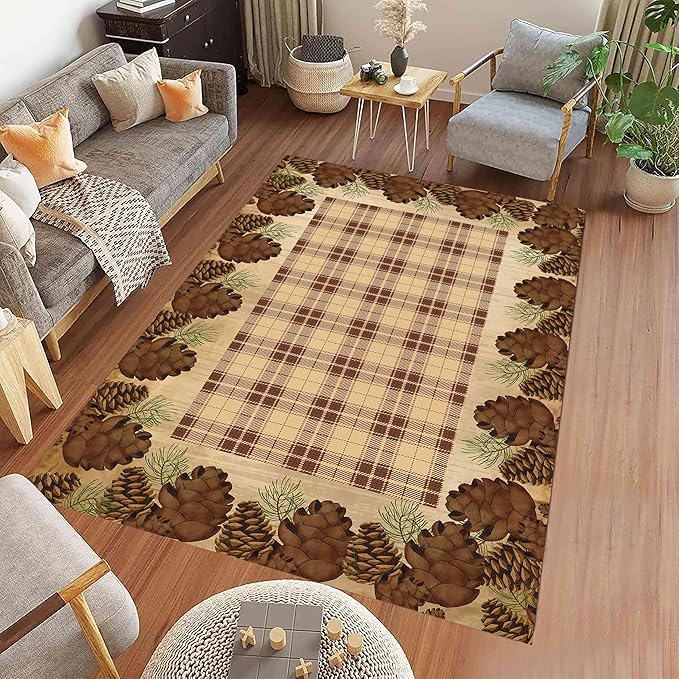 Cabin Pine Cones Area Rug 5x6ft for Living Room, Brown Buffalo Plaid Indoor Anti-Slip Large Area Rug Rustic Style Rugs for Bedroom, Lodge Living Rugs With Pine Cones, Throw Area Rug for Farmhouse