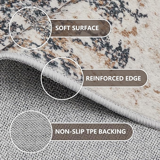 6x9 Washable Area Rugs - Modern Abstract Rugs for Living Room Non-Slip Low Pile Soft Machine Washable Carpet for Bedroom, Dining Room, Nursery, Home Office, Farmhouse (6'x9' Tan Blue)