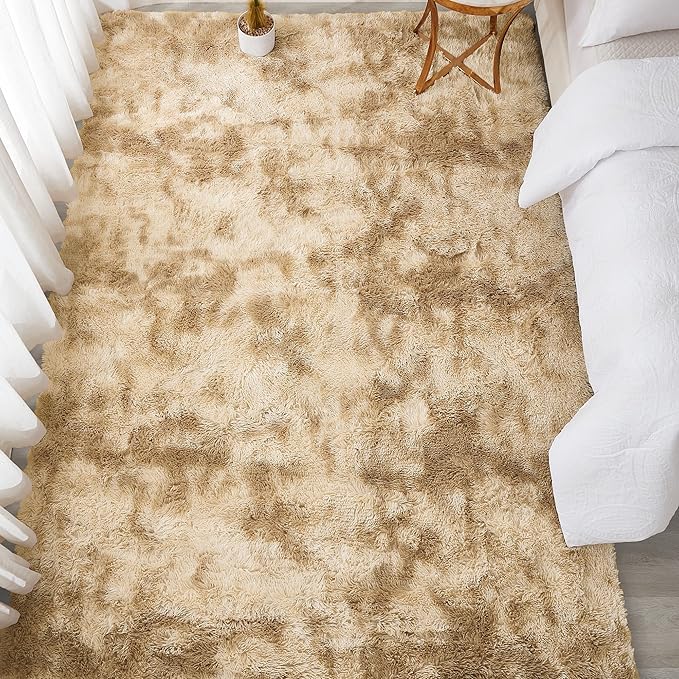 Andency 8x10 Area Rugs for Living Room, Upgrade Non-Slip Fluffy Soft Large Shag Bedroom Carpet, Tie-Dyed Khaki Big Indoor Thick Nursery Rug for Kids Dorm Home Decor Aesthetic