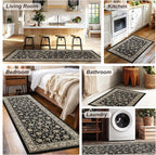 XWZO Runner Rug 2x10ft for Long Hallways, Washable Non-Slip Low Pile Area Rug with Rubber Backing, Spill Resistant Soft Vintage Floor Carpet for Kitchen Entryway Stair Landing Living Room, Black