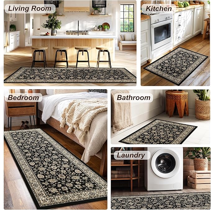 XWZO Runner Rug 2x10ft for Long Hallways, Washable Non-Slip Low Pile Area Rug with Rubber Backing, Spill Resistant Soft Vintage Floor Carpet for Kitchen Entryway Stair Landing Living Room, Black