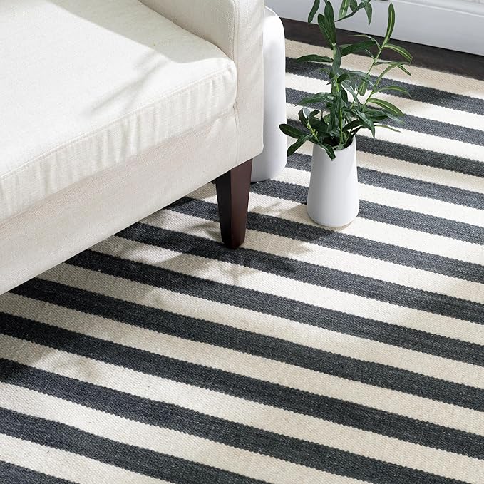Home Conservatory Ladder Stripe Black/Ivory Handwoven Wool 4 X 6 Feet, Black/Ivory Stripe Pattern