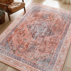 Phantoscope Washable Area Rug 4'x6' Non-Slip, Vintage Neutral Fall Rugs for Living Room, Bedroom, Dining Room, Distressed Boho Medallion Pattern, Low-Pile Foldable Floor Carpet, Rust Orange