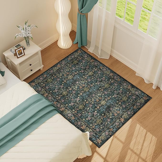 DUKINO 3x5 Area Rug, Vintage Floral Washable Rug for Bedroom with Non Slip Design, Soft Low Pile Indoor Small Carpet for Bedroom, Farmhouse, Living Room, Office, Bathroom, Blue