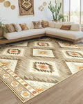 Area Rug 10x14 Rug Machine Washable Non-Slip Low Pile Print Pattern Western Rug for Living Room Bedroom Entryway Tribal Series -Cream/Camel
