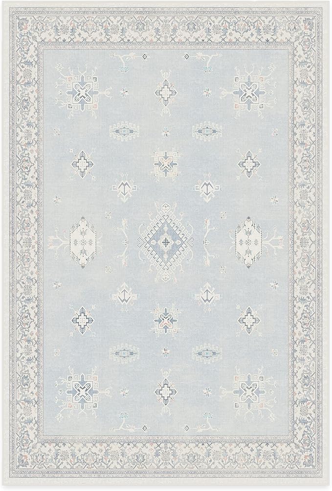 RUGGABLE Washable Vintage Area Rug – Verena Soft Blue 6x9, Stain-Resistant, Non-Slip – Medium Machine Washable Rugs for Living Room, Bedroom, Hallway, Entryway & Office–with Cushioned Pad