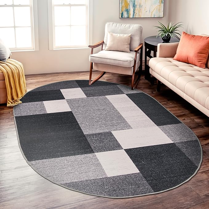 Rugshop Gray Modern Geometric Boxes Non-Slip Area Rug Non-Shedding for Dining Area, Bedroom and Living Room, 5' x 7' Oval