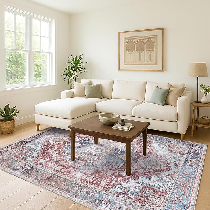 Washable Area Rug. Modern Farmhouse. Vintage. Turkish. Bohemian. Distressed. Oriental. Traditional. Rugs for Living Room. Dining. Bedroom. Office. Entryway. Foyer. (858RM, 5'9 x 8'9)