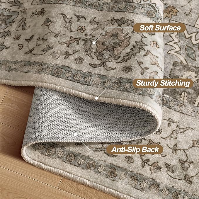 Tangsoo 2x5 Washable Runner Rug for Hallways, Non Slip Vintage, Soft Low Pile Long Runner, Print Distressed Grey Runners for Kitchen Bedroom Entryway Bathroom Living Room