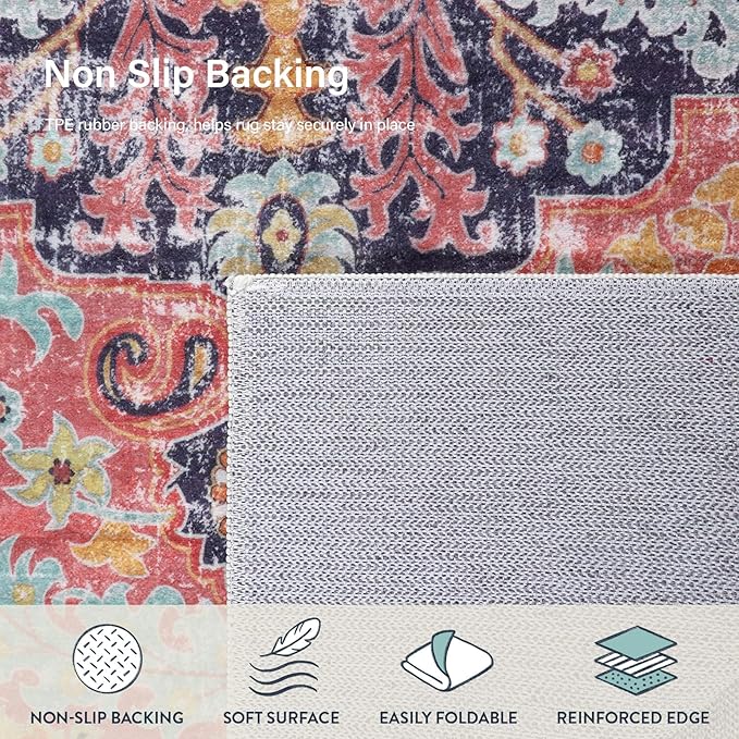 Lahome 5x7 Boho Living Room Rug Colorful Bedroom Rug, Large Bohemian Nursery Rugs, Hot Pink Non-Slip Machine Washable Soft Playroom Mat Indoor Floor Accent Carpet for Dining Table Mud Room