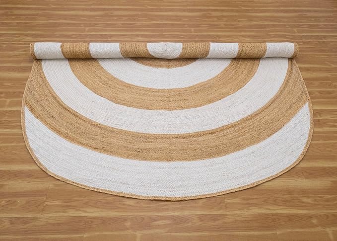 5x7 Oval Kilim Rug – Natural Jute Handmade Boho Rug, Hand Braided, 0.27" Thick Flatweave, Solid White Beige Oval Carpet for Bedroom, Living Room, Dining Area