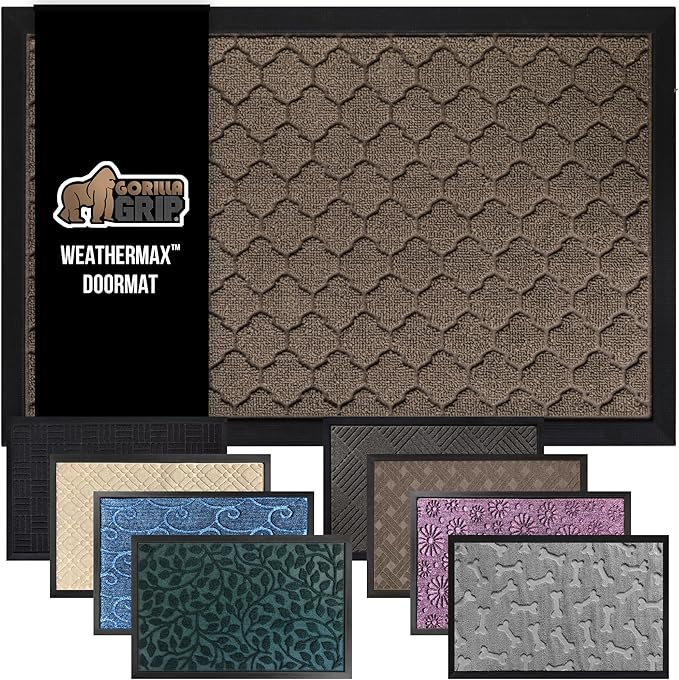 GORILLA GRIP 100% Waterproof All-Season WeatherMax Doormat, 34x58, US Designed Natural Rubber, Stain and Fade Resistant, Low Profile Indoor Outdoor Door Mats, Easy Clean Patio Mat, Latte Quatrefoil