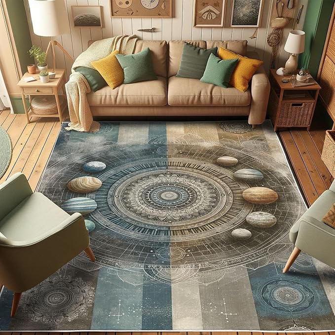 Ambesonne Space Boho Decorative Rug, Modern Interpretation of Outer Galaxy Art Planets and Trippy Mandalas, Quality Carpet for Bedroom Dorm and Living Room, 2' 5" x 5', Sea Blue Eggshell Tan