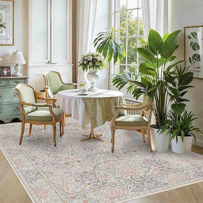 6x9 Floral Washable Area Rugs for Living Room, Vintage Boho Large Rug for Bedroom Dining Room， Distressed Botanical Birds Non Slip Low Pile Forest Animal Throw Carpet for Farmhouse Office, Beige Blue