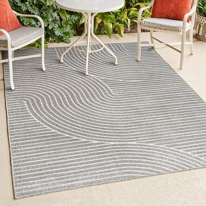 JONATHAN Y Hallie High-Low Curve Gray/Ivory Indoor/Outdoor Area Rug, 10x13, Minimalist, Pet Friendly, Non-Shedding, Stain Resistant, Hose-Washable for Backyard, Patio, Porch (SCN100A-13)