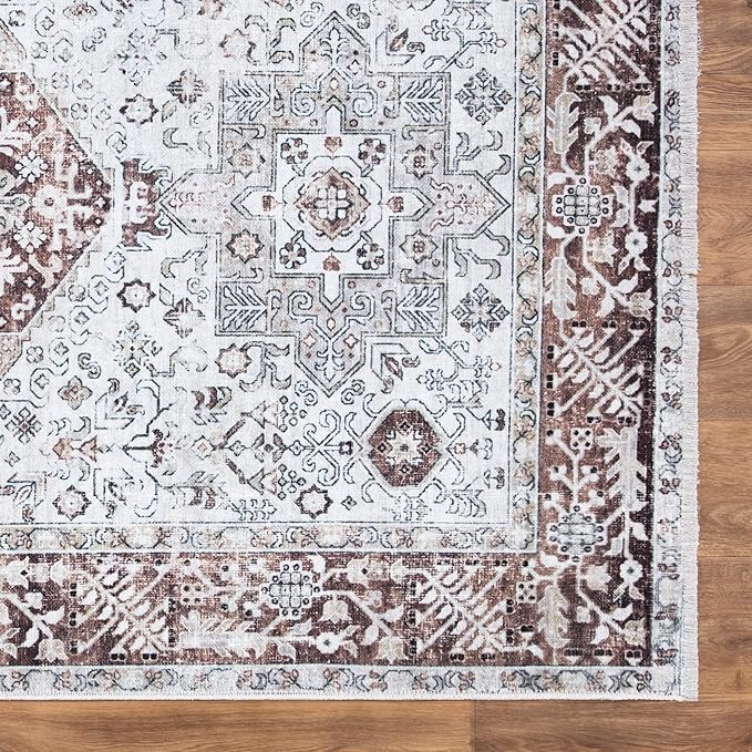 Bloom Rugs Caria Washable Non-Slip 12 ft Runner - Beige/Brown Traditional Runner for Entryway, Hallway, Bathroom, and Kitchen - Exact Size: 2'6" x 12'