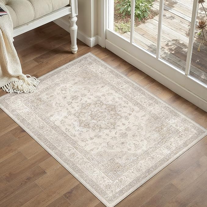 Beige Area Rug 2x3 Washable Vintage Small Carpet for Entryway Kitchen Soft Retro Low Pile Thin Door Mat Non Slip Oriental Medallion Throw Rug for Bathroom Office Bedroom Dining Room