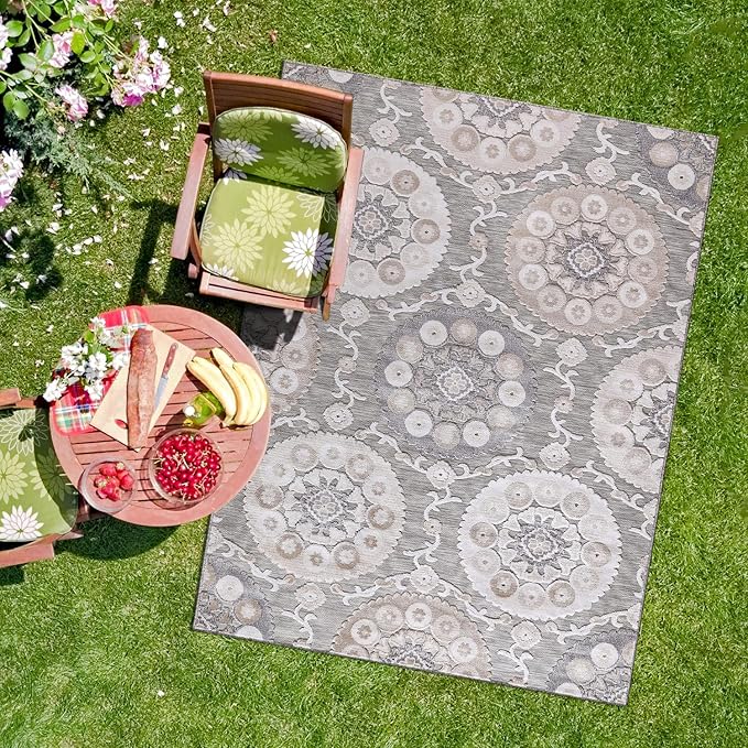 CAMILSON Indoor Outdoor Rug 10x14 Bohemian Medallion Floral Area Rugs for Indoor and Outdoor Patios Easy-Cleaning Non-Shedding Living Room Garden and Kitchen Washable Outside Carpet (10 x 14 / Beige)