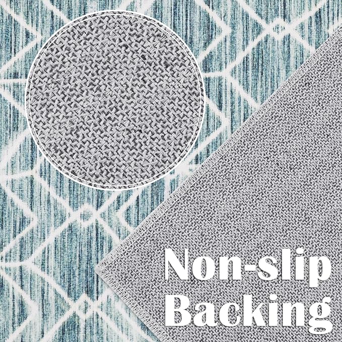jinchan Moroccan Runner Rug 3x8 - Kitchen Machine Washable Runner Rug Modern Geometric Low-Pile Lightweight Non-Slip Carpet for Entryway Hallway Laundry Room Bedroom Bedside (3x8ft, Teal Blue)