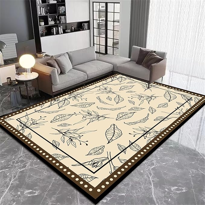 Medieval French Style Area Rugs 4x6ft, Off-White Botanical Leaf Pattern Rug, Low Pile Carpet, Washable & Non-Slip for Living Room, Bedroom, Dining Room, Dorm