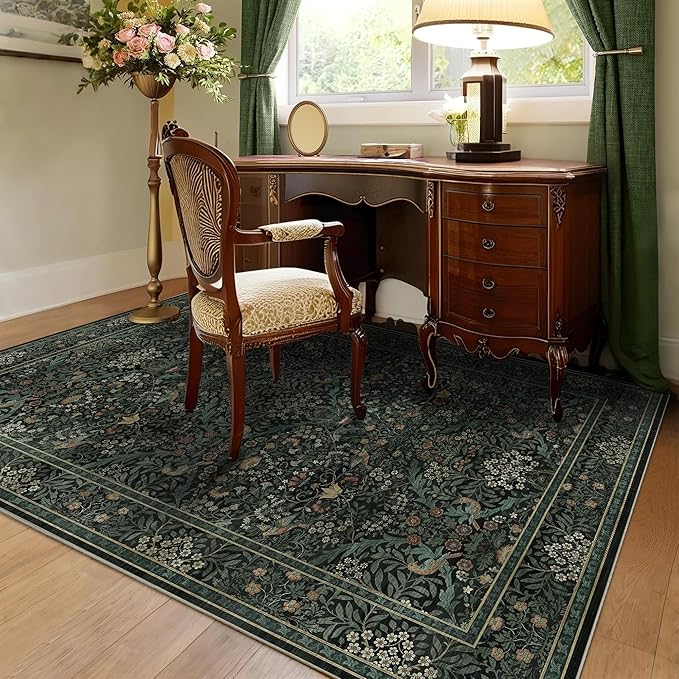 3x5 Floral Washable Area Rug for Living Room, Vintage Boho Rug for Bedroom Dining Room， Distressed Botanical Birds Non Slip Low Pile Forest Animal Throw Carpet for Farmhouse Office, Dark Green