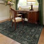 3x5 Floral Washable Area Rug for Living Room, Vintage Boho Rug for Bedroom Dining Room， Distressed Botanical Birds Non Slip Low Pile Forest Animal Throw Carpet for Farmhouse Office, Dark Green
