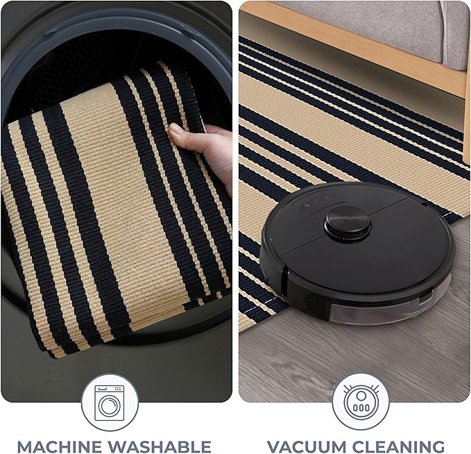 KOZYFLY Striped Front Door Mat 2x3 Ft Brown and Black Cotton Washable Indoor Outdoor Rug Doormats Small Area Rugs for Kitchen Entryway Porch