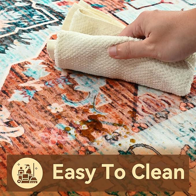 YJ.GWL Area Rugs for Living Room 5x7 Machine Washable Rugs, Non Slip Floral Vintage Rug Indoor Carpet, Stain Resistant Large Rug for Bedroom Dining Room, Copper Tan