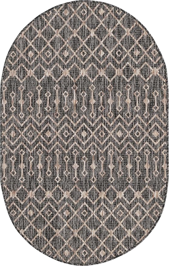 Unique Loom Outdoor Trellis Collection Area Rug - Tribal Trellis (3' 3" x 5' 3" Oval, Charcoal Gray/ Natural)