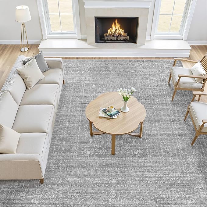 10x12 Area Rug Living Room: Washable Large Vintage Grey Rug Neutral Non-Slip Soft Stain Resistant Indoor Carpet for Bedroom Nursery Dining Room Under Table Bed Home House Office Playroom