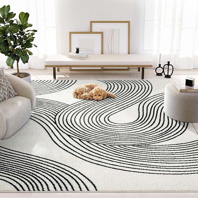 Abani Nuevo Beige Black Swirls Modern Area Rug 9' x 12' for Living Room, Bedroom - Abstract Design - Durable & Easy to Clean