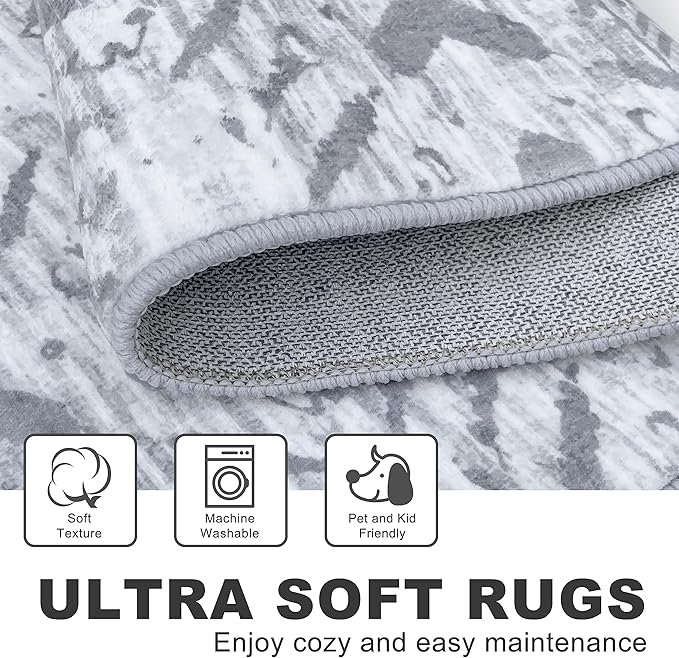KILOCOCO Boho Entryway Rug 3x5 Area Rug Washable Non Slip Grey Throw Rugs Soft for Kitchen Living Room Dining Bedroom Rugs Geometric Moroccan Carpet