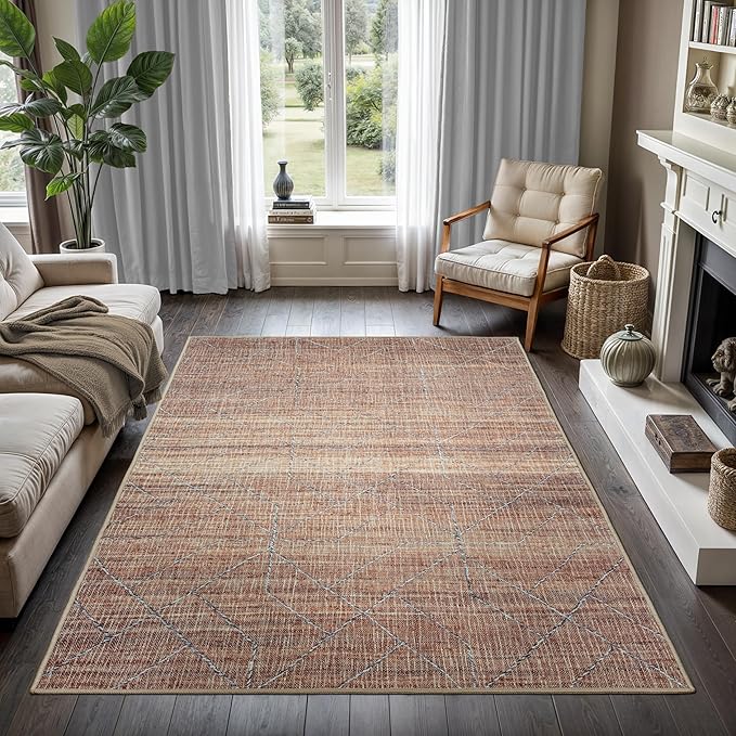 GLN Rugs Contemporary Collection - Machine Washable Area Rug, Contemporary Washable, Non Slip, Low Pile Chenille Rug, Living Room, Bedroom, Kitchen Rug (8' x 10' Terra/Brown)