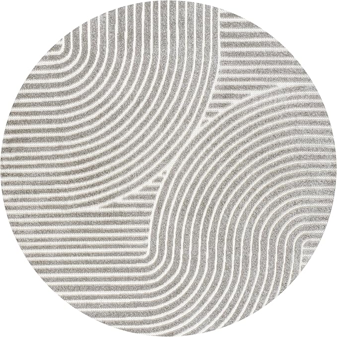 JONATHAN Y Hallie High-Low Curve Gray/Ivory 9' Round Indoor/Outdoor Area Rug, Minimalist, Pet Friendly, Non-Shedding, Stain Resistant, Hose-Washable for Backyard, Patio, Porch (SCN100A-9R)
