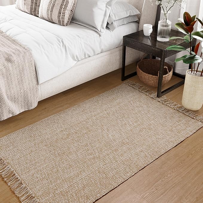 Collive Washable Area Rug 3' x 5', Modern Woven Kitchen Rugs, Tan/Cream Braided Cotton Rug Indoor Door Mat Throw Carpet for Entryway Living Room Nursery Mudroom Laundry Room