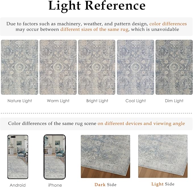9x12 Blue Area Rug for Living Room Bedroom Neutral Soft Non Slip Rug Low Pile Vintage Distressed Large Carpet for Dining Room Nursery Office Indoor